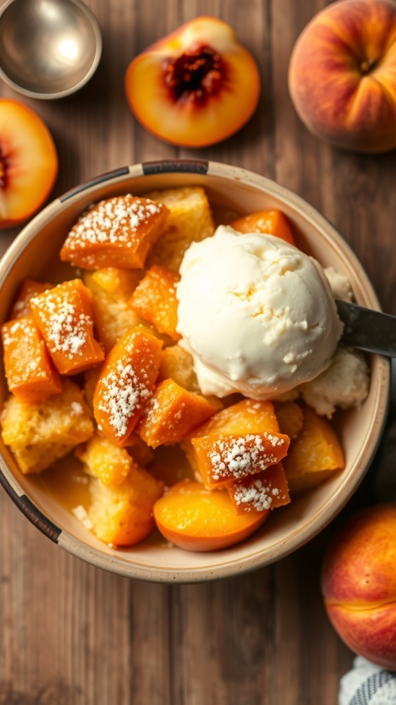 Warm peach bread pudding with powdered sugar and vanilla ice cream on a rustic table.